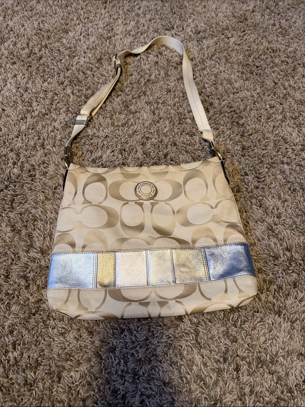 Coach Beige Signature crossbody Bag with Metallic Accent